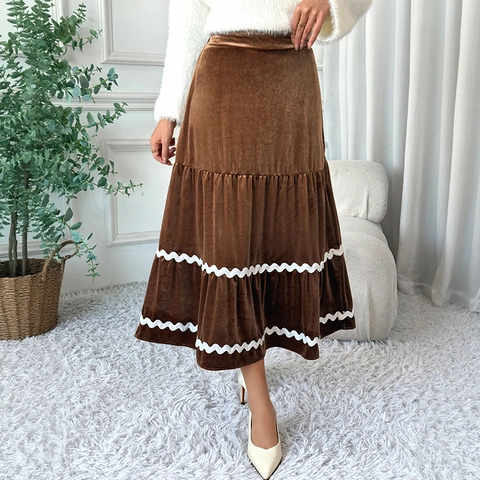 Gonna Midi da Donna Vintage Velluto Marrone a Balze Linea A Patchwork Gonna Con Bordo Zig Zag Bianco Autunno Inverno Elegante