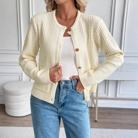 Women Elegant Cream White Knitted Cardigan Sweater Acrylic Gold Buttons Ribbed Texture Round Neck Long Sleeve Jacket