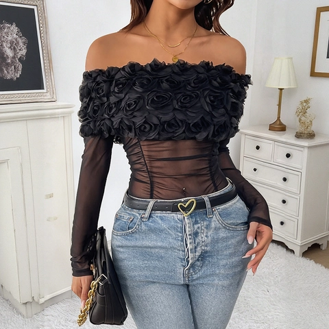 Women Off Shoulder Mesh Bodysuit Sexy 3D Floral Long Sleeve Ruched Sheer Party Top Slim Fit Black Jumpsuit