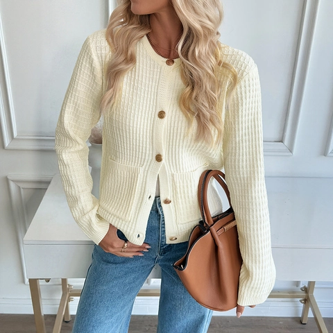 Women Elegant Cream White Knitted Cardigan Sweater Acrylic Gold Buttons Ribbed Texture Round Neck Long Sleeve Jacket