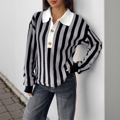 Women Retro Vertical Striped Knit Sweater Polo Neck Long Sleeve Pullover Knitwear Contrast Lapel Casual Jumper Top