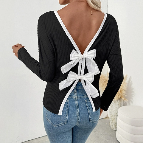 Pull en Maille Côtelée Sexy Dos Nu pour Femme Manches Longues Coupe Ajustée Haut Avec Nœuds en Satin Passepoil Contrasté Automne Hiver