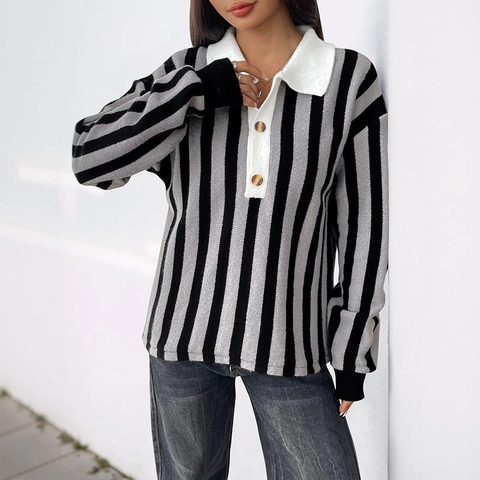 Women Retro Vertical Striped Knit Sweater Polo Neck Long Sleeve Pullover Knitwear Contrast Lapel Casual Jumper Top