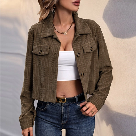 Chaqueta Corta de Pana para Mujer Retro Texturizada de Cuadros Solapa Botonadura Sencilla Manga Larga Abrigo Casual