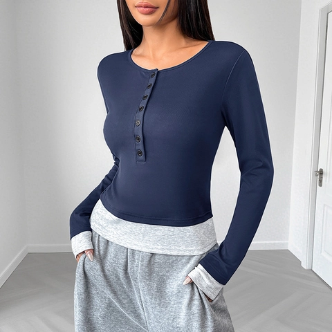 Women Casual Long Sleeve Henley Shirt Fake Two-Piece Color Block Slim Fit T-Shirt Top