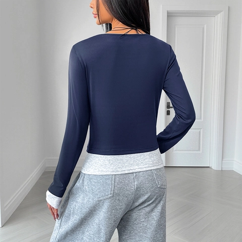 T-Shirt da Donna Finto Due Pezzi Manica Lunga Vestibilità Aderente Scollo Henley Contrasto Colore Pullover Casual per Autunno