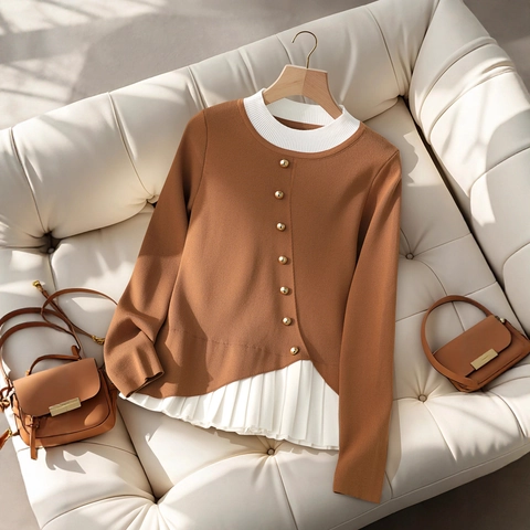 Pull en Tricot Patchwork Élégant pour Femmes Haut à Manches Longues Avec Boutons Dorés et Ourlet Plissé Bureau