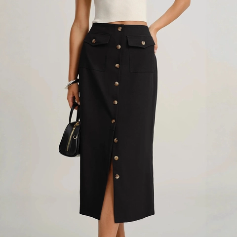 Falda Midi de Cintura Alta para Mujer Elegante Abotonadura Sencilla Bolsillos Cargo Abertura Falda Recta Negro Poliéster