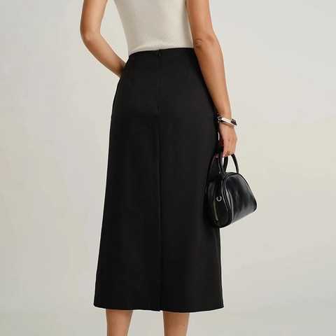 Falda Midi de Cintura Alta para Mujer Elegante Abotonadura Sencilla Bolsillos Cargo Abertura Falda Recta Negro Poliéster