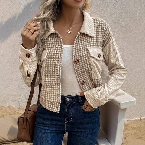 Women's Vintage Patchwork Jacket Corduroy Houndstooth Button Up Crop Coat Long Sleeve Lapel Outerwear Regular Fit Casual Top
