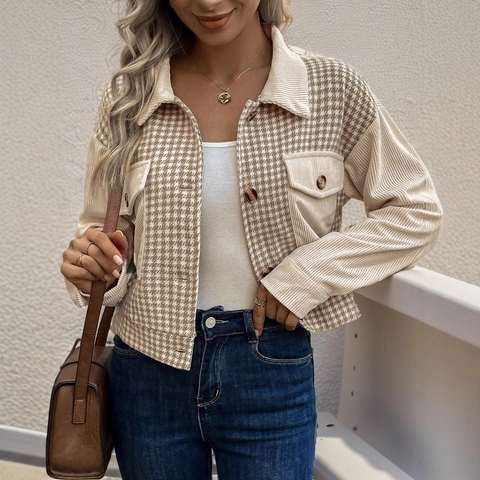 Women's Vintage Patchwork Jacket Corduroy Houndstooth Button Up Crop Coat Long Sleeve Lapel Outerwear Regular Fit Casual Top