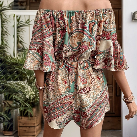 Women Off Shoulder Paisley Printed Romper Summer Vacation Boho Playsuit Flare Sleeve Drawstring Waist Jumpsuit