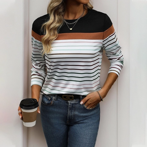 Maglietta a Maniche Lunghe a Righe Color Block da Donna Girocollo Casual in Maglia Patchwork Pullover Autunno Inverno