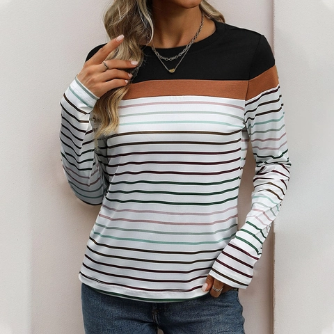 Maglietta a Maniche Lunghe a Righe Color Block da Donna Girocollo Casual in Maglia Patchwork Pullover Autunno Inverno