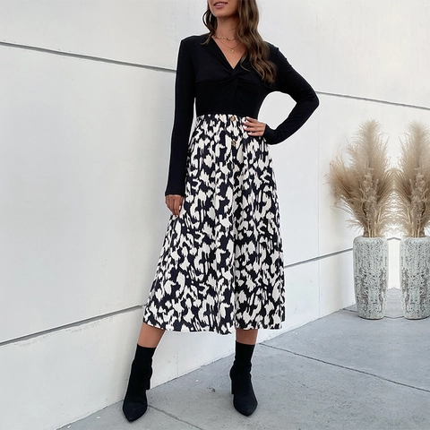 Γυναικείο Κομψό Patchwork Faux Two Piece Midi Φόρεμα Λαιμόκοψη V Μακρύ Μανίκι Αφηρημένο Animal Print Κόμπος Στη Μέση