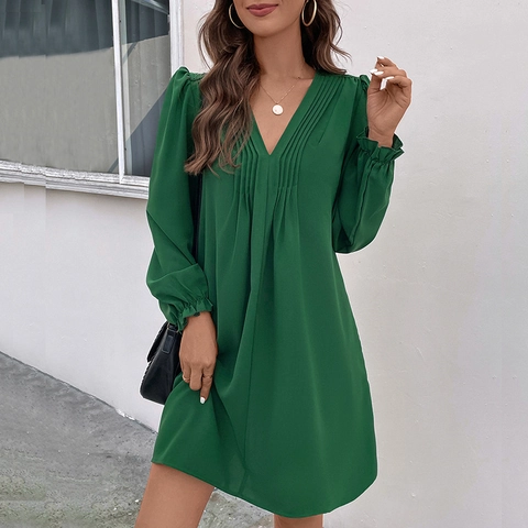 Women's Elegant Solid Color V-Neck Pleated Long Sleeve Midi Dress Autumn Patchwork Lace Trim Chiffon Feel Casual Party Dress