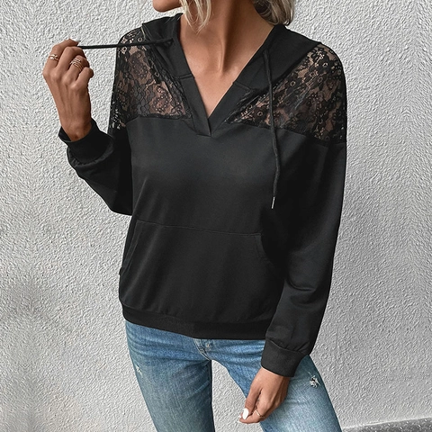 Women Casual Lace Patchwork Hooded Hoodie Long Sleeve Solid Color Pullover Top With Pocket Comfortable Soft Sweatshirt