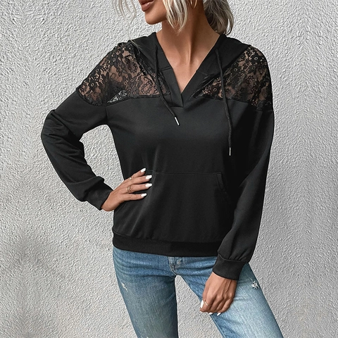 Women Casual Lace Patchwork Hooded Hoodie Long Sleeve Solid Color Pullover Top With Pocket Comfortable Soft Sweatshirt