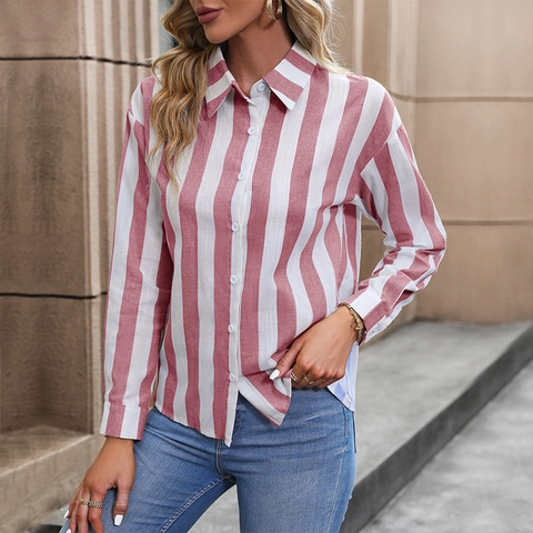 Camisa de Rayas para Mujer Manga Larga Elegante Cuello Solapa Botones Blusa Casual Oficina Viaje Diario Poliéster Top