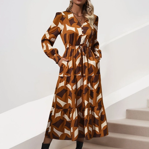 Damen V-Ausschnitt Geometrisches Muster Langarm Maxikleid Mit Knöpfen Kordelzug Taille Elegant Boho Herbst Kleid