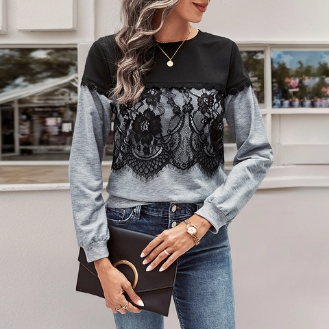 Sudadera Casual de Mujer de Bloque de Color de Manga Larga con Patchwork de Encaje Cuello Redondo Gris Negro Top Pullover