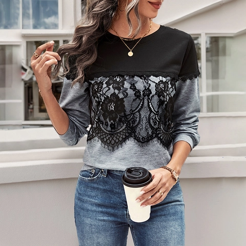 Sudadera Casual de Mujer de Bloque de Color de Manga Larga con Patchwork de Encaje Cuello Redondo Gris Negro Top Pullover