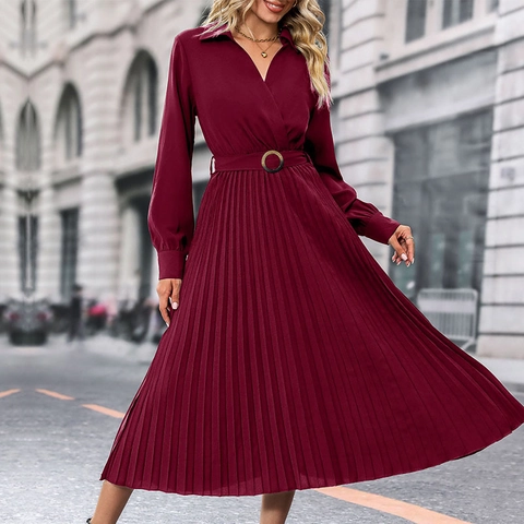Women Elegant Pleated Midi Dress Long Sleeve Lapel V-Neck Solid Color Shirt Dress With Belt Professional Commute Autumn Dress
