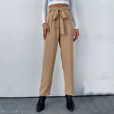 Pantaloni da Donna a Vita Alta Paper Bag Casual a Gamba Dritta Con Cintura a Fiocco Tinta Unita Eleganti da Pendolare