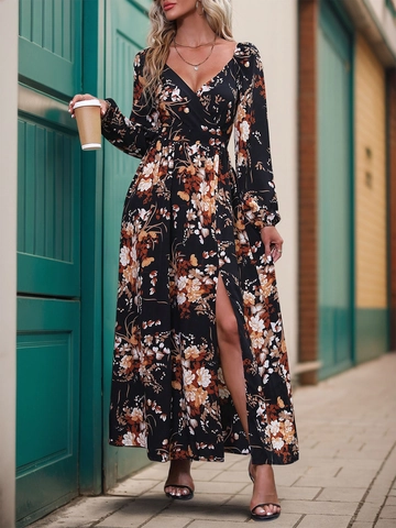Women Elegant Floral Print V Neck Long Sleeve Maxi Dress With High Slit Bohemian Style Casual Vacation Long Dress