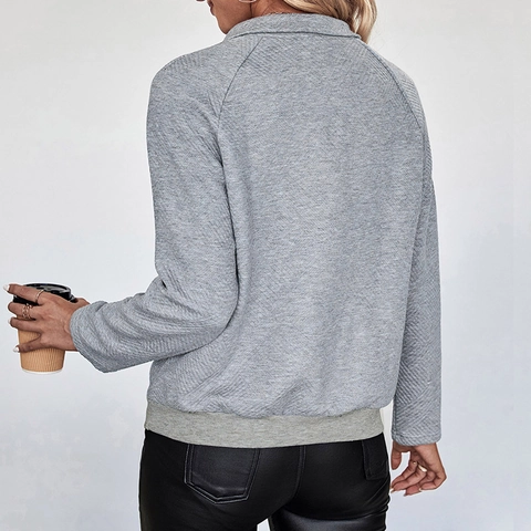 Women Casual Quilted Texture Long Sleeve Sweatshirt Polo Collar Button Pullover Letter Print Los Angeles California Top