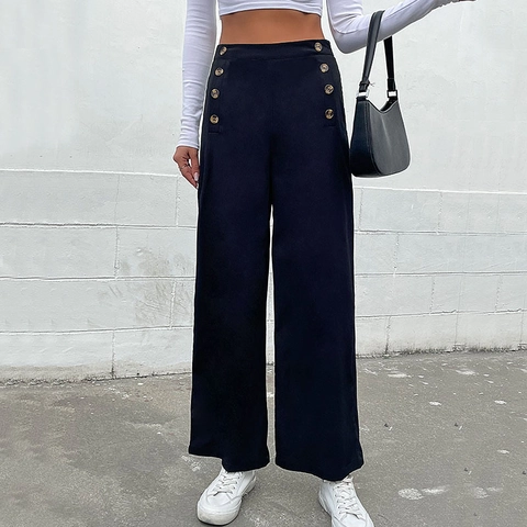 Women's High Waisted Wide Leg Pants Retro Double Breasted Button Trousers Casual Loose Office Work Commuter Long Pants