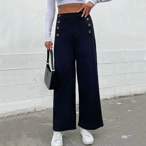 Women's High Waisted Wide Leg Pants Retro Double Breasted Button Trousers Casual Loose Office Work Commuter Long Pants