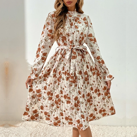 Damen Elegant Blumenmuster Plissee Midi Kleid Rüschen Stehkragen Langarm Bindegürtel Chiffon Optik Freizeit Partykleid