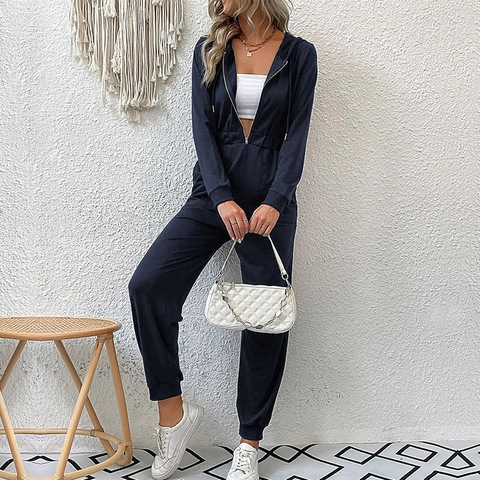 Women's Casual Hooded Jumpsuit Polyester Long Sleeve Front Zipper Elastic Waist Jogger One Piece Solid Color Outfit