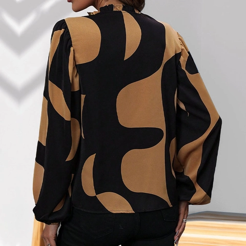 Dames Elegante Blouse met Geometrische Print V-hals Lange Mouwen Mode Losse Lantaarnmouwen Pullover Overhemd Herfst Casual Top