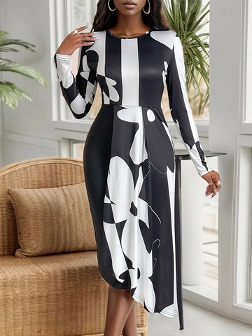 Women's Autumn Long Sleeve Round Neck Slim Fit Irregular Hem Geometric Abstract Floral Print Midi Dress Commute Elegant