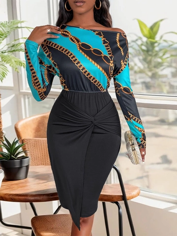 Damen Elegant Kettenmuster Midi Kleid Mit Knotendetail Taille Spleißen U-Boot-Ausschnitt Figurbetontes Bleistiftkleid Langarm
