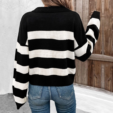 Maglione Donna A Righe In Maglia Pullover Acrilico Risvolto Scollo A V Manica Lunga Ampio Top Casual Autunno