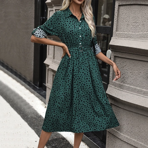 Women's Elegant Leopard Polka Dot Long Sleeve Shirt Dress With Belt Lapel Button Down Midi Dress For Office Party