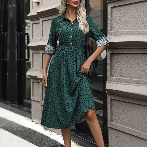 Women's Elegant Leopard Polka Dot Long Sleeve Shirt Dress With Belt Lapel Button Down Midi Dress For Office Party