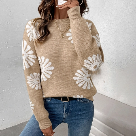 Women Casual Khaki Knit Sweater Round Neck Long Sleeve White Daisy Jacquard Pullover Loose Winter Jumper For Lady
