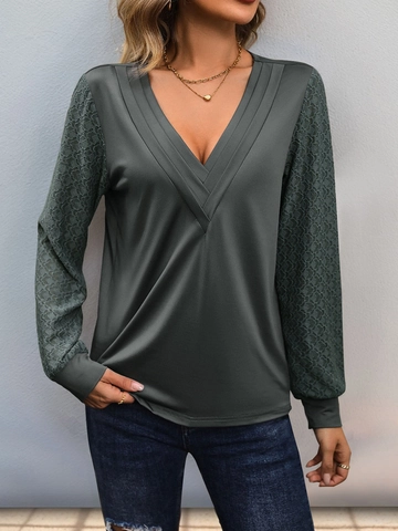 Maglietta da Donna Casual Scollo a V Arricciata Manica Lunga Patchwork di Pizzo Tinta Unita Pullover Largo Top Elegante Moda Primavera Autunno