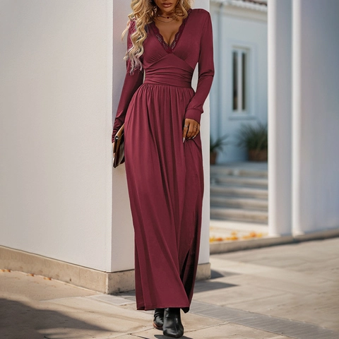 Women V Neck Lace Maxi Dress Long Sleeve High Waist Side Slit Pleated Solid Color Elegant Evening Party Wedding Gown
