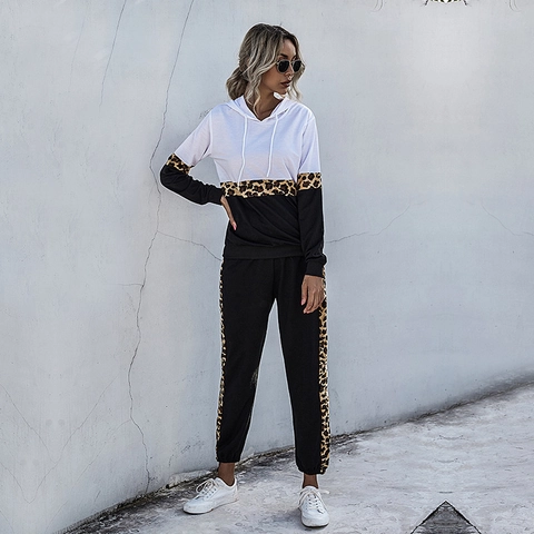 Survêtement Décontracté Femme Imprimé Léopard À Capuche Pull Manches Longues Et Pantalon De Jogging Tenue Sportive