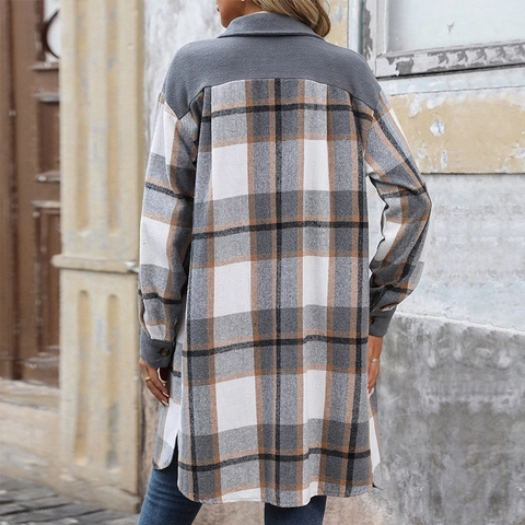 Camicia-Giacca Donna Retrò a Quadri Manica Lunga con Bottoni e Tasche Soprabito Casual Largo a Quadretti per Autunno Inverno