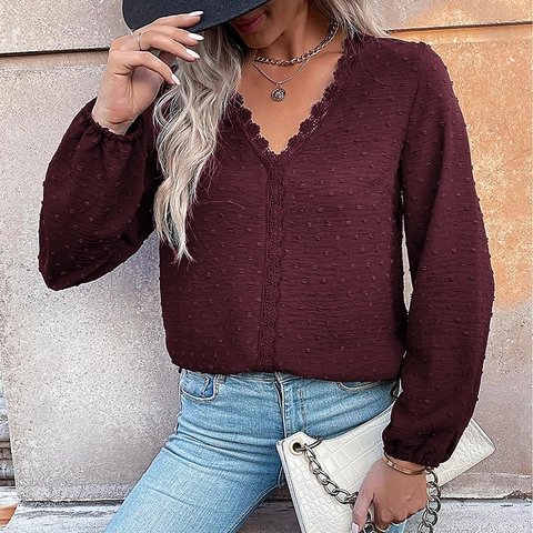 Damen Elegant V-Ausschnitt Langarm Bluse Plumetis Spitze Trim Casual Einfarbig Hemd Top Büro Damen Herbst Mode Top