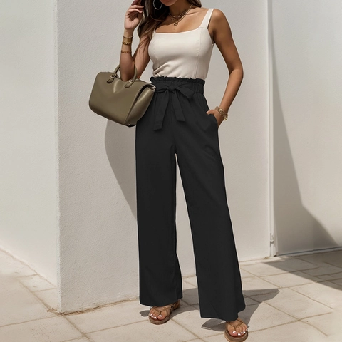 Damen High Waist Weites Bein Hose Paperbag Bindegürtel Locker Gerade Freizeithose Polyester Einfarbig Lange Hose