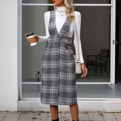 Ensemble Robe à Bretelles Plaid Vintage Femme Élégant Col en V Boutons Avant Jupe Midi Avec Top Blanc à Col Roulé