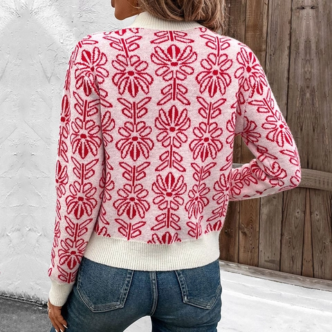 Suéter Casual de Cuello Alto y Manga Larga para Mujer de Acrílico con Jacquard Floral Pullover de Punto Holgado Otoño Invierno