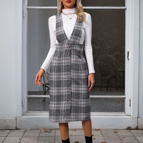 Ensemble Robe à Bretelles Plaid Vintage Femme Élégant Col en V Boutons Avant Jupe Midi Avec Top Blanc à Col Roulé